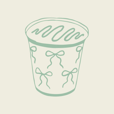 Hand drawn vector of a sweet dessert cup with chocolate drizzle on top and decorative bow patterns. Minimalist line art illustration of a pudding or yogurt container for cafe and bakery designsのイラスト素材