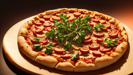 Pizza with tomatoes and parsley on a dark background, AI Generatedの素材