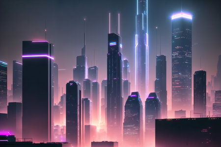 Futuristic cityscape with glowing neon lights. AI-generatedの素材