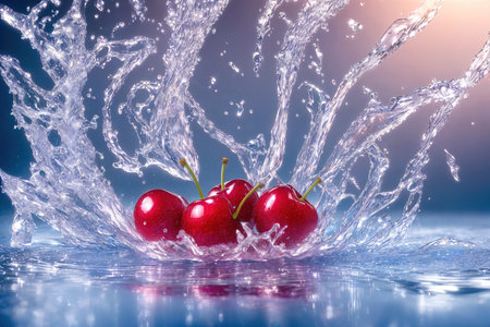 Cherries in water with splash and drops on blue background. AI-generatedの素材