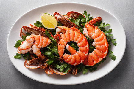 Plate of tiger prawns with parsley and lemon on gray background. AI-generatedの素材