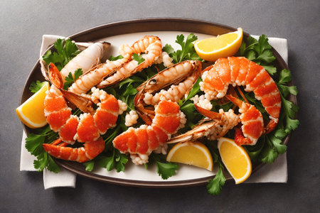 Seafood salad with shrimps, prawns and lemon. AI-generatedの素材