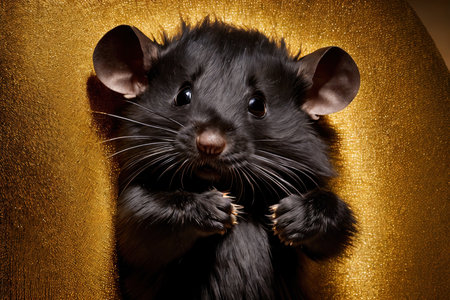 Cute black rat on golden background. studio shot. Toned. AI-generatedの素材