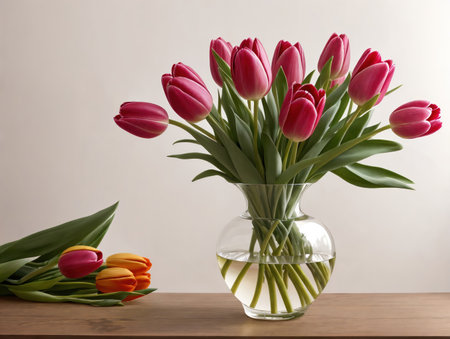 Bouquet of tulips in a vase on a wooden table. AI-generatedの素材