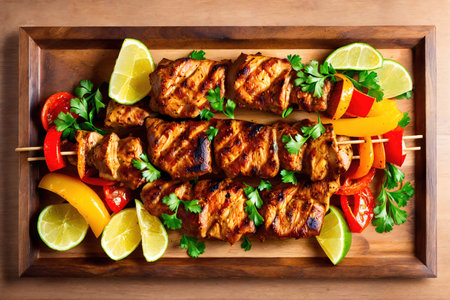 Shish kebabs on skewers with vegetables on a wooden board. AI-generatedの素材