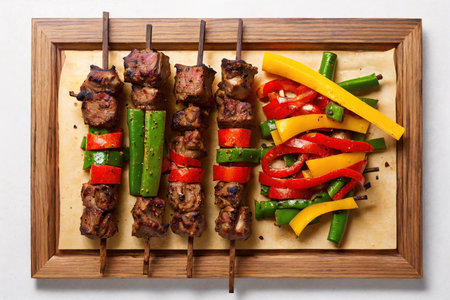 Shish kebab on skewers with vegetables in wooden tray. AI-generatedの素材