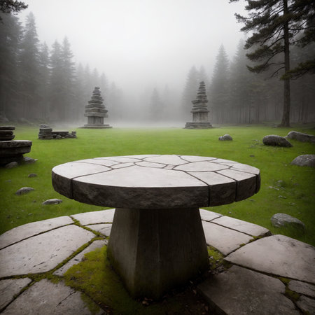 A stone table sitting in the middle of a forest. AI-generatedの素材