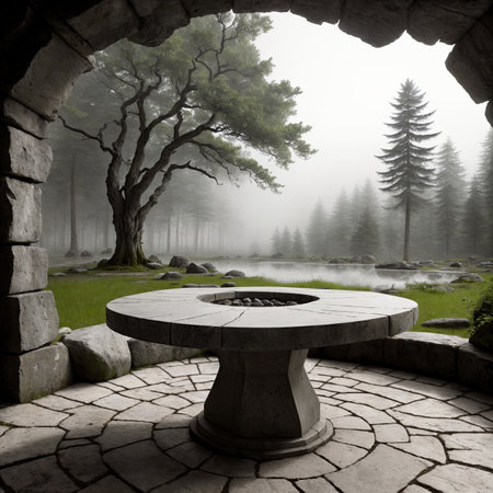 A stone table sitting in the middle of a forest. AI-generatedの素材
