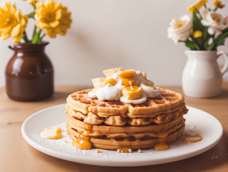 waffle with whipped cream and caramel on wood table. AI-generatedの素材