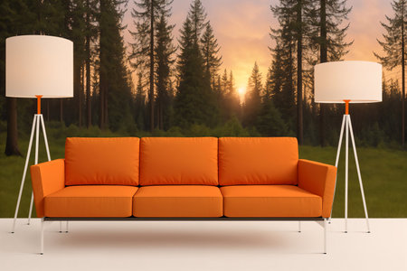 Orange sofa and two lamps on the white floor at sunset. forest in the background. AI-generatedの素材
