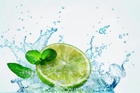 Lime and mint in water splash on a white background. close up. AI-generatedの素材