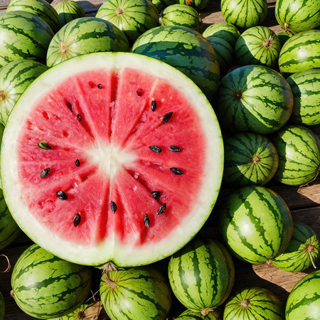 Watermelon background. Fresh watermelons from the garden. Watermelon background. AI-generatedの素材