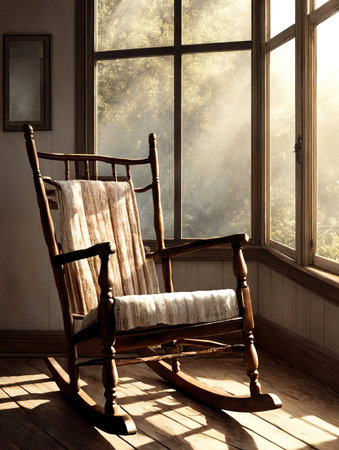Wooden rocking chair in the room with sunlight from the window. AI-generatedの素材