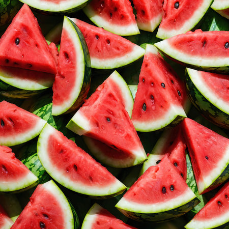 Watermelon slices background. Top view of fresh watermelon slices. AI-generatedの素材