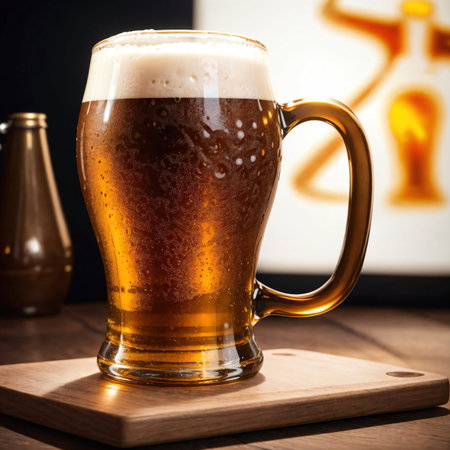 Glass of beer with foam on a wooden table in a pub. AI-generatedの素材