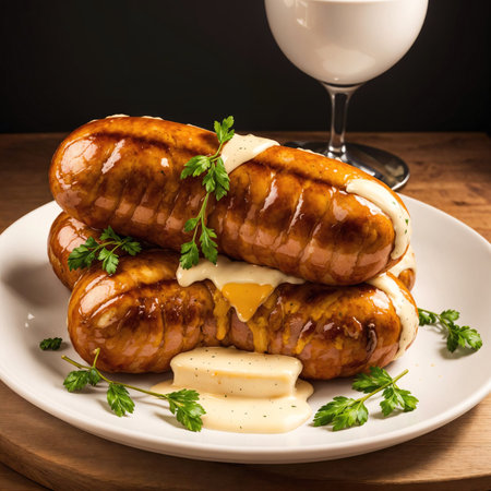 Grilled sausages with sauce and mayonnaise on wooden table. AI-generatedの素材