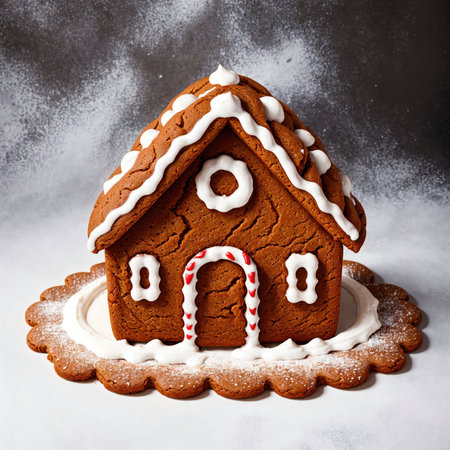 Homemade gingerbread house with icing sugar on a brown background, square. AI-generatedの素材