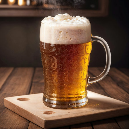Mug of beer with foam on a wooden table in a pub. AI-generatedの素材