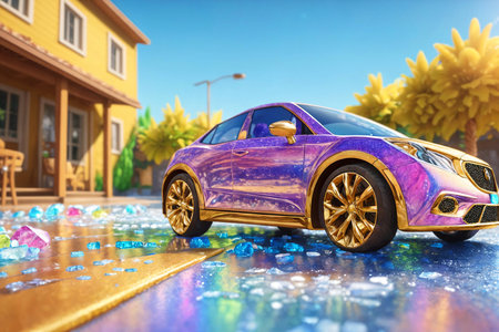 A glamorous car among pieces of colorful ice. Concept for advertising. AI-generatedの素材