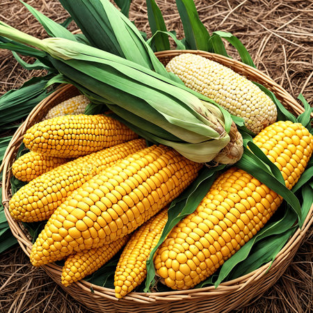 Ripe corn in a wicker basket on a haystack. AI-generatedの素材