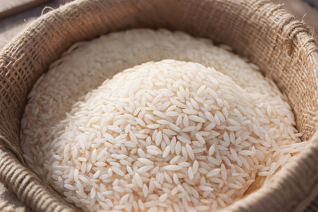 Rice in a canvas sack. close up. AI-generatedの素材