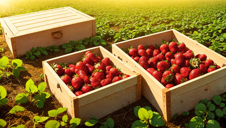Strawberries in a wooden box on the field in the summer. AI-generatedの素材