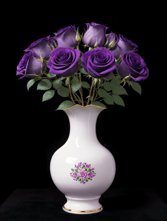 Bouquet of purple roses in a vase on a black background. AI-generatedの素材