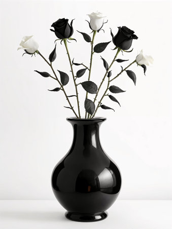 Black vase with black and white roses on a white background. AI-generatedの素材