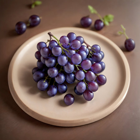 Bunch of grapes on a plate on a wooden background. AI-generatedの素材