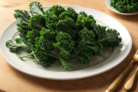 Plate with fresh green kale leaves on wooden table, closeup.の素材