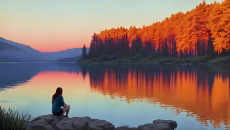 Woman sitting on the edge of a mountain lake looking at the sunsetの素材