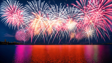 Colorful fireworks of various colors over night sky with reflection on waterの素材