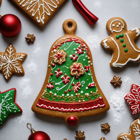 gingerbread cookies in the shape of a bell on a white backgroundの素材
