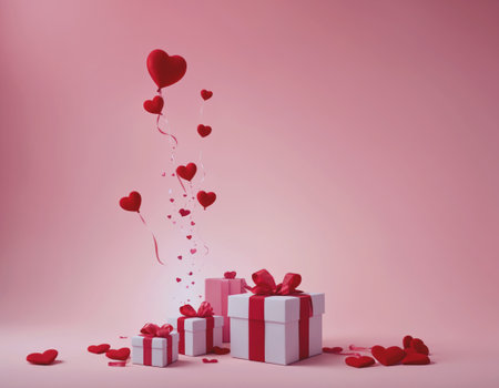 Valentine's day background with gift boxes and heart shaped balloonsの素材