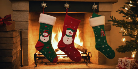 Christmas socks with gifts in front of a fireplace in a cozy homeの素材
