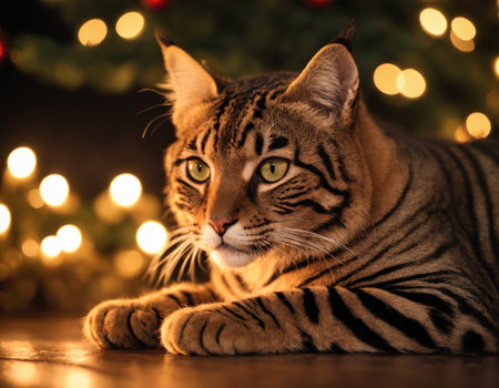 Beautiful big cat in front of christmas tree with lights on backgroundの素材