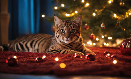 Bengal cat in front of a christmas tree with lightsの素材