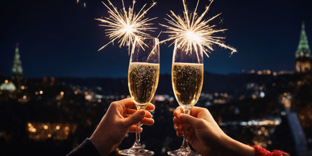 two glasses of champagne with sparklers on the background of the old cityの素材