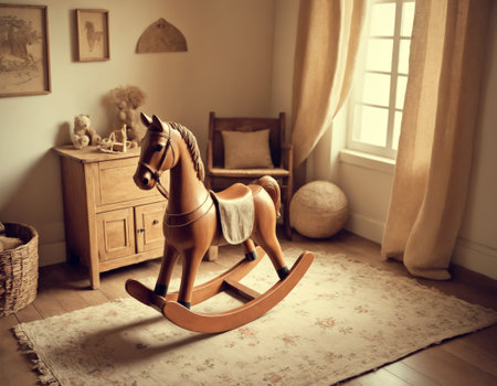Wooden rocking horse in the childrens room. Vintage style.の素材