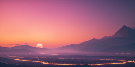 Mountain landscape at sunrise. Mountain range with a view of the valley.の素材