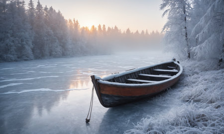 Foggy winter landscape with wooden boat on the frozen lake.の素材