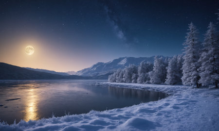 beautiful winter landscape with frozen mountain lake at night in full moon lightの素材