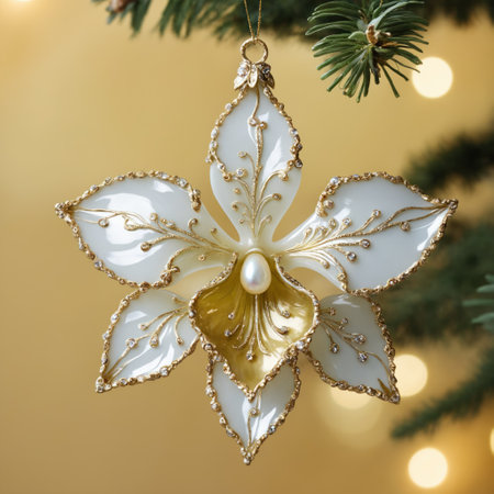 necklace with pearls and orchids on a Christmas tree, close-upの素材