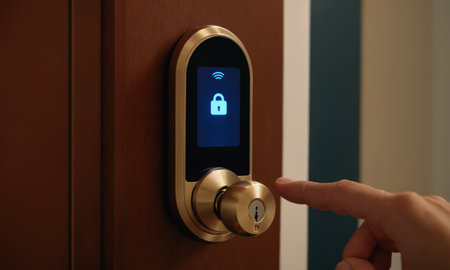 Close-up of human hand pressing button on door smart lock, security conceptの素材
