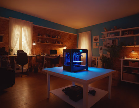 Interior of a modern living room with a computer and 3D printerの素材
