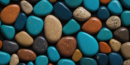 colorful pebbles on black background, top view, close upの素材