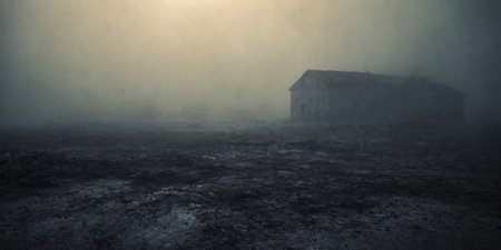 Old abandoned house in a foggy field. Depressing grunge dusty texture backgroundの素材