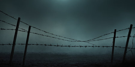 Foggy night with barbed wire fence. Depressing grunge dusty texture backgroundの素材