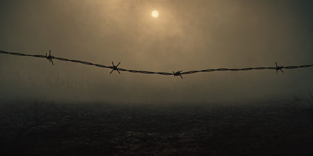 Foggy landscape with barbed wire on the ground at sunset. Depressing grunge dusty texture backgroundの素材