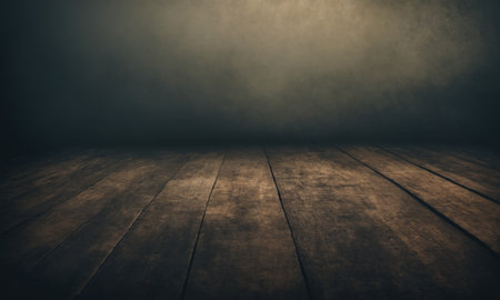 Wooden floor in a dark room with smoke. Abstract background.の素材